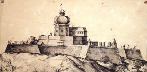 A vár tornya az 1664-es ábrázoláson, hagymakupolával